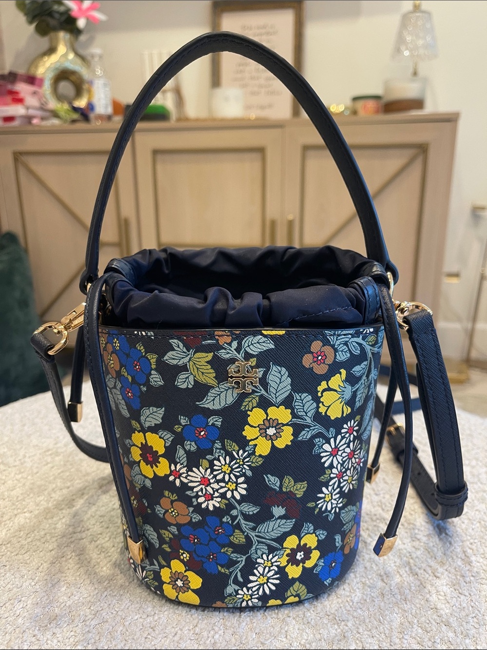 Tory Burch Navy Floral Bucket Crossbody Bag